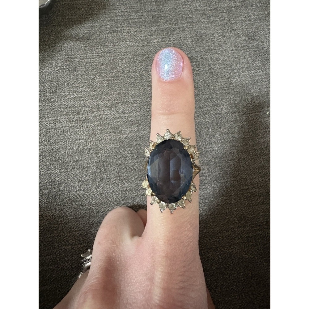 1970's Ring Sapphire and Clear CZ Crystals 18k Yellow Gold Plated‎ Band